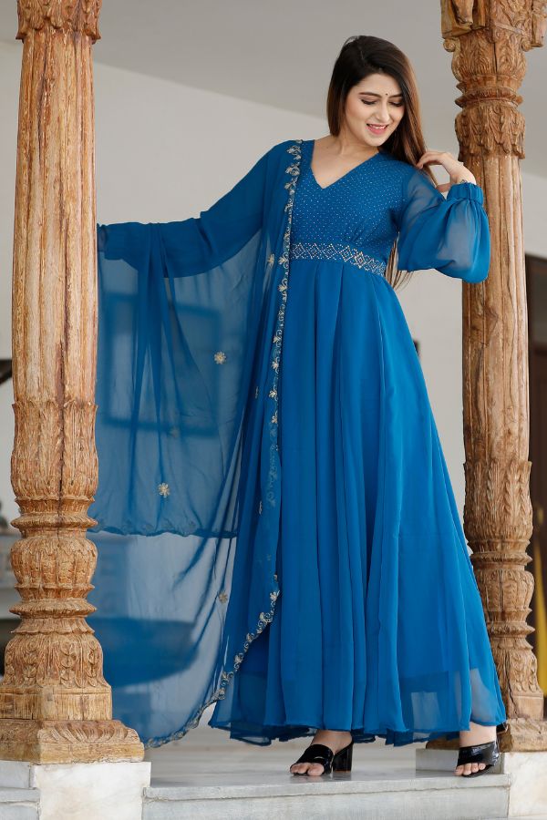 Designer Party Wear Sky Blue Long Georgette Anarkali Gown – Cygnus Fashion