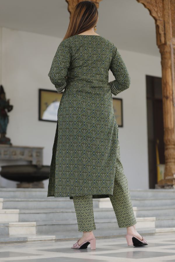 Dark Green Floral Printed Angrakha Kurta Set