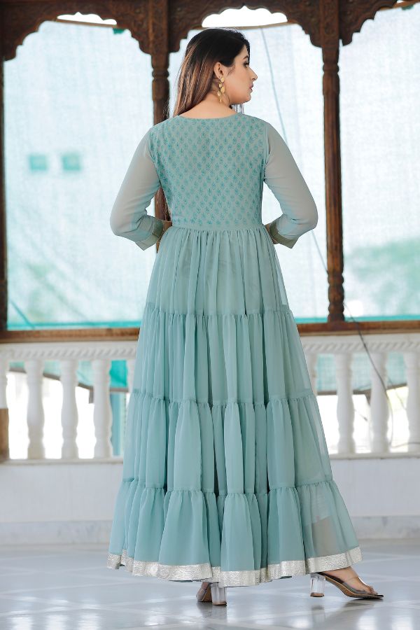 Sea Green Hand Block Printed Anarkali Set