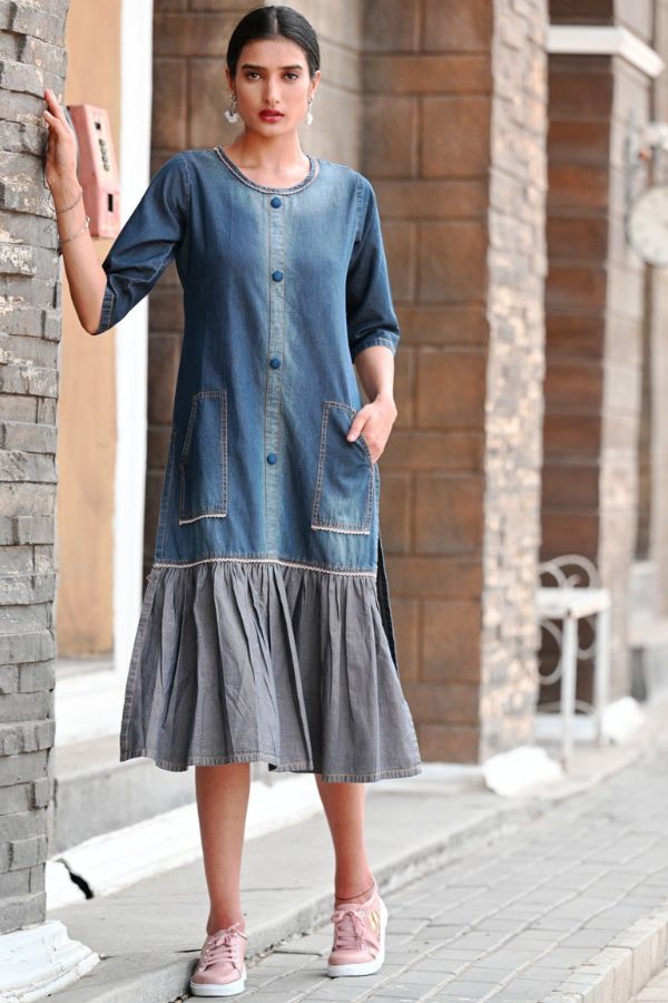 Denim Kurti with Color block Frill