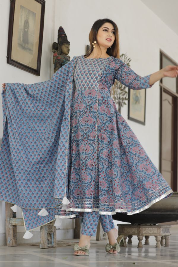 Dodge Blue Hand Block Printed Aanarkali Set