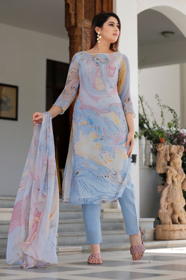 Sky Blue Chiffon Marble Dye Straight Kurta Set