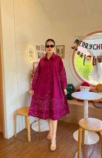 Magenta Embroidered Swing Shirt Dress