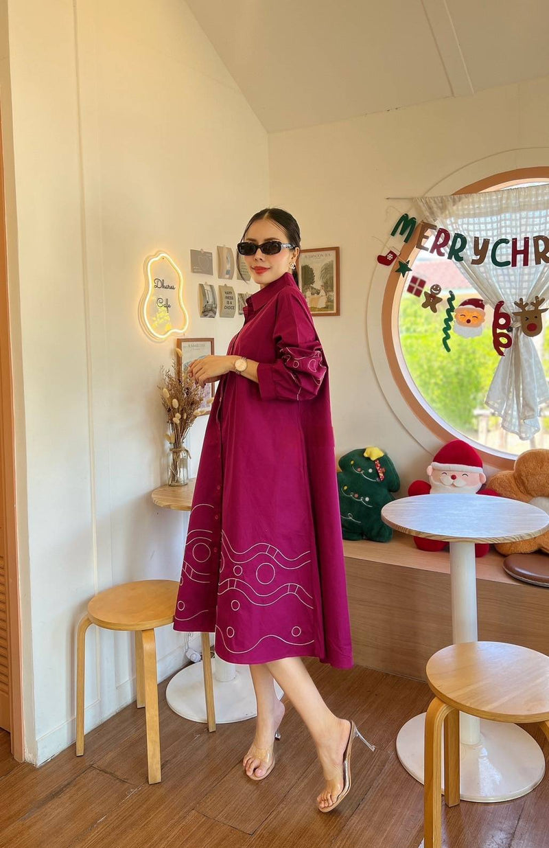 Magenta Embroidered Swing Shirt Dress