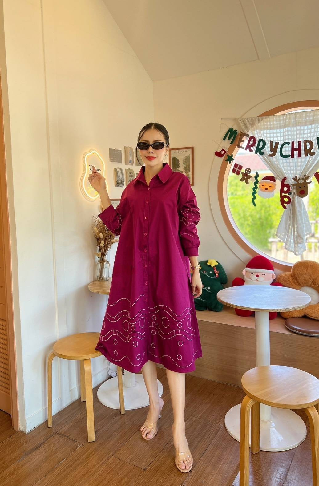 Magenta Embroidered Swing Shirt Dress