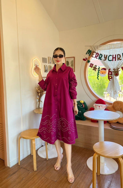 Magenta Embroidered Swing Shirt Dress - Navvi.in