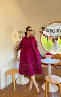 Magenta Embroidered Swing Shirt Dress