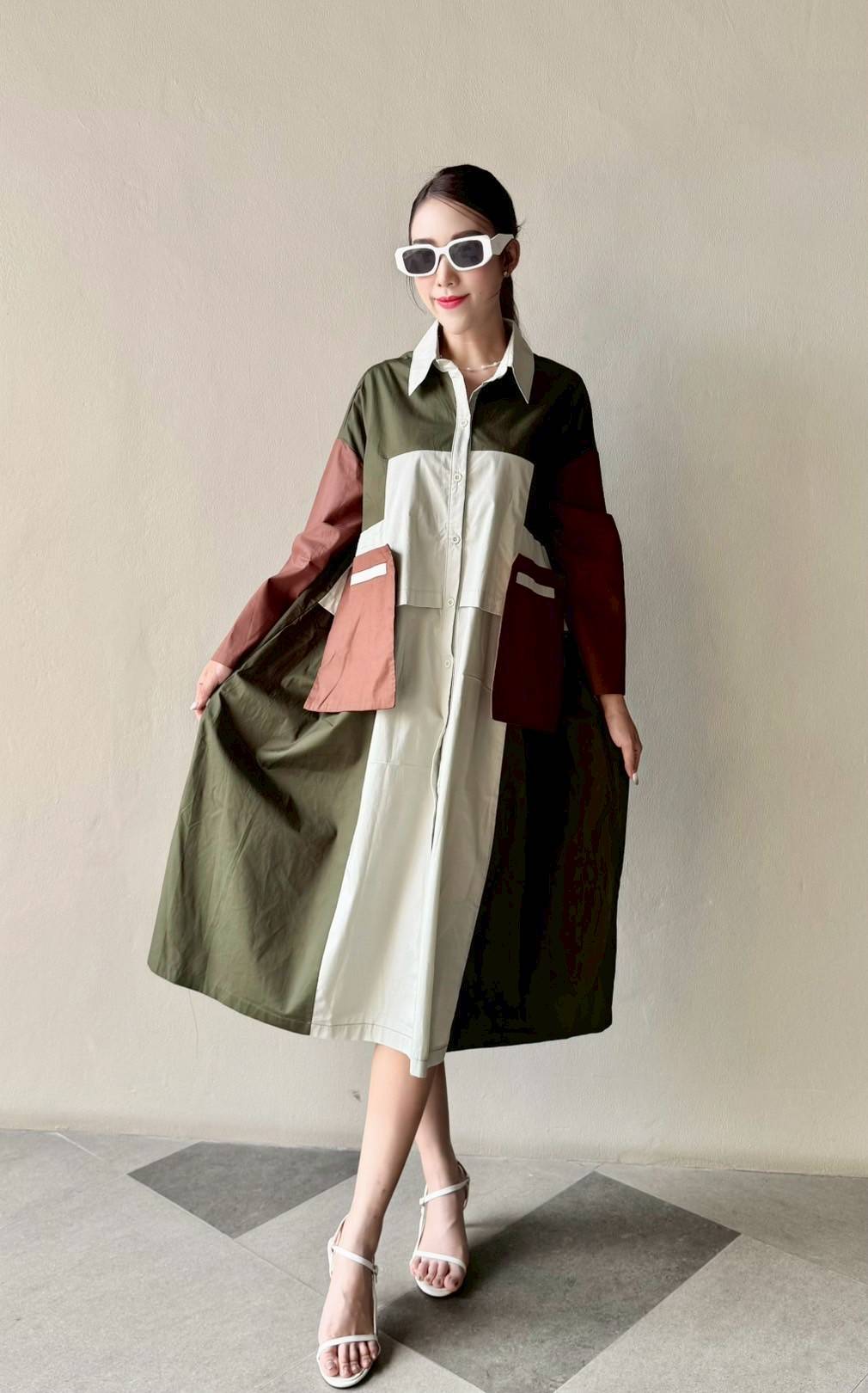 Oversized Geometric Color Block Shirt Dress - Navvi.in
