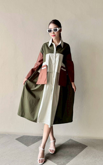 Oversized Geometric Color Block Shirt Dress - Navvi.in