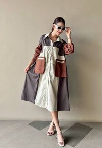 Oversized Geometric Color Block Shirt Dress