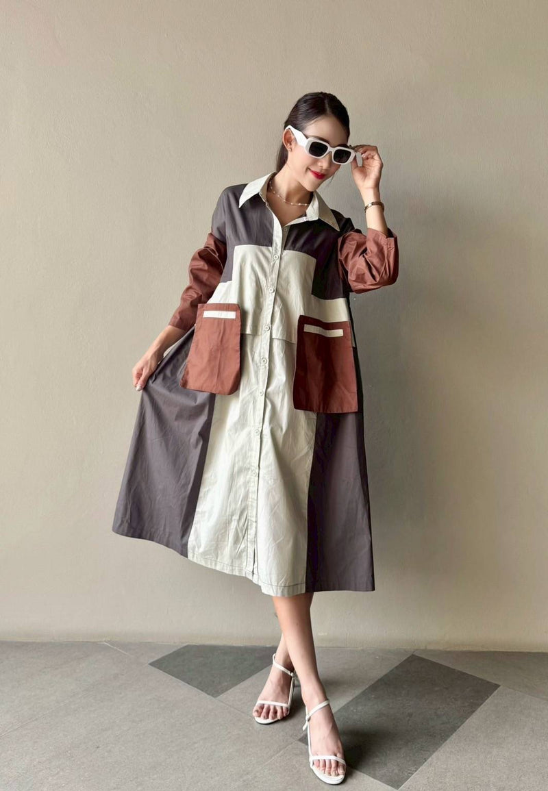 Oversized Geometric Color Block Shirt Dress