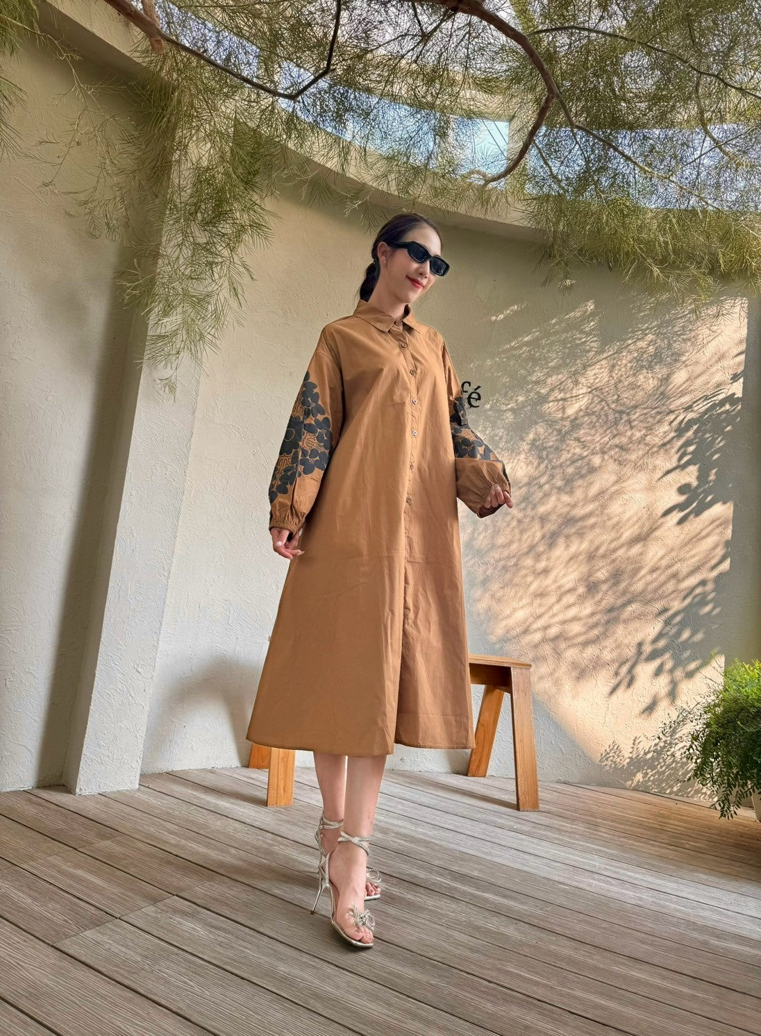 Chic A-Line Utility Shirt Dress with Floral Sleeves - Navvi.in