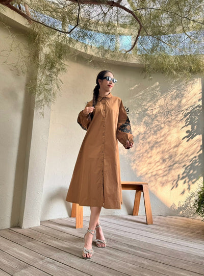 Chic A-Line Utility Shirt Dress with Floral Sleeves - Navvi.in