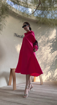 Chic A-Line Utility Shirt Dress with Floral Sleeves - Navvi.in