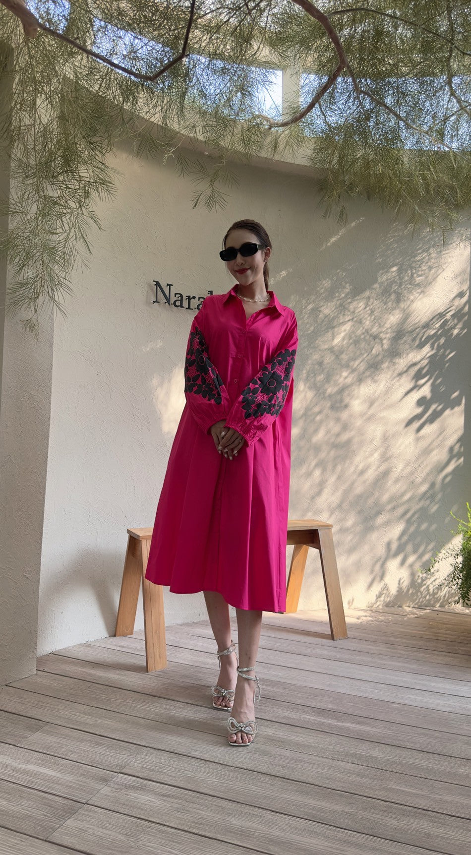 Chic A-Line Utility Shirt Dress with Floral Sleeves - Navvi.in