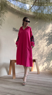 Chic A-Line Utility Shirt Dress with Floral Sleeves - Navvi.in