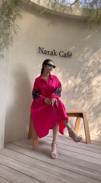 Chic A-Line Utility Shirt Dress with Floral Sleeves - Navvi.in