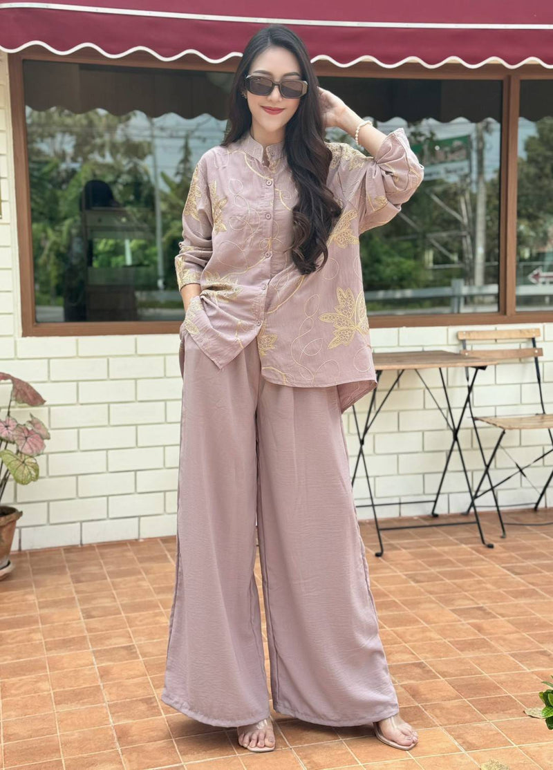 Gold Printed Shirt & Palazzo Co-Ord Set - Navvi.in