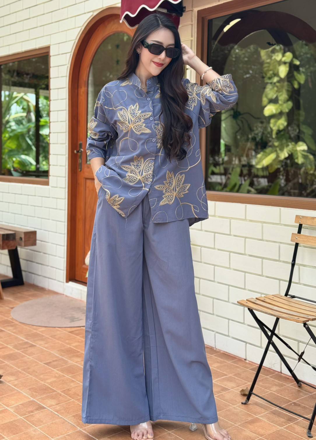 Dusty Rose Embroidered Shirt & Palazzo Co-Ord Set