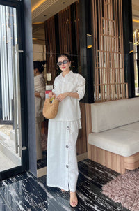 Women’s Solid Linen Blend Shirt & Wide-Leg Co-Ord Set