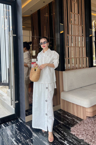 Women’s Solid Linen Blend Shirt & Wide-Leg Co-Ord Set