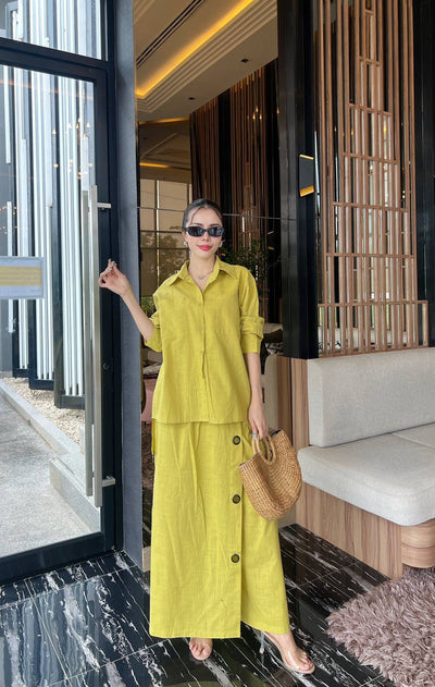 Women’s Solid Linen Blend Shirt & Wide-Leg Co-Ord Set