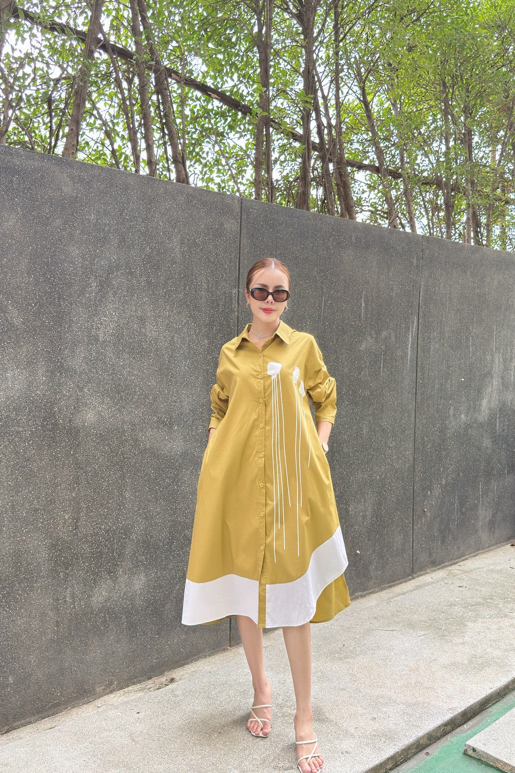 Modern Contrast Hem Button-Down Shirt Dress - Navvi.in