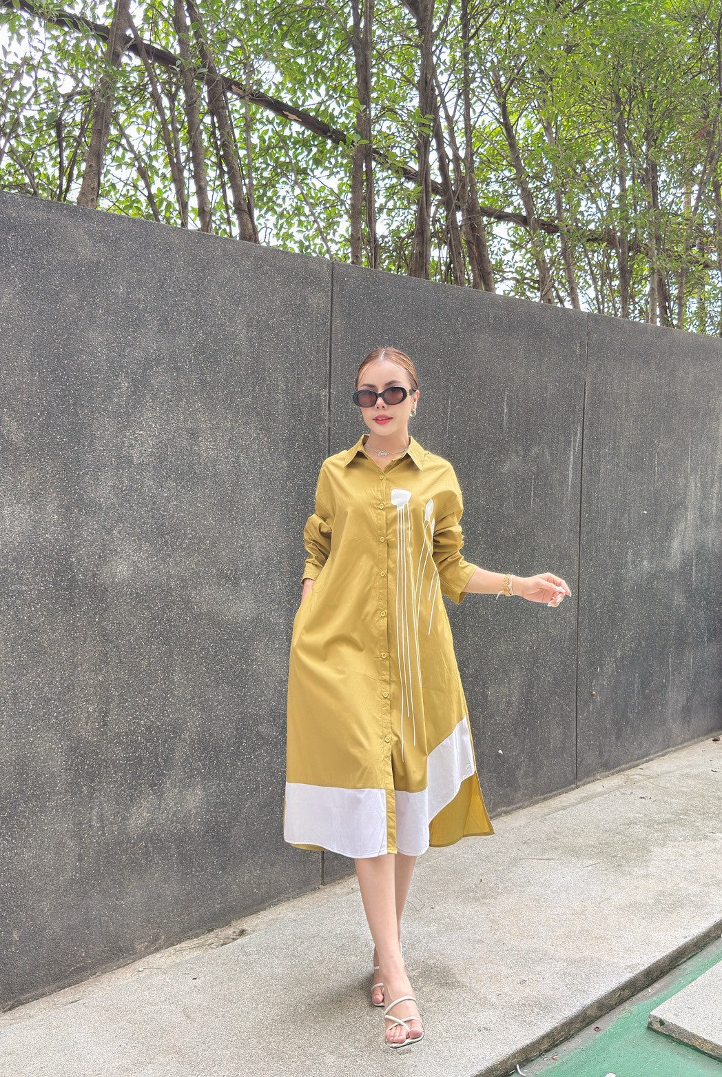 Modern Contrast Hem Button-Down Shirt Dress - Navvi.in