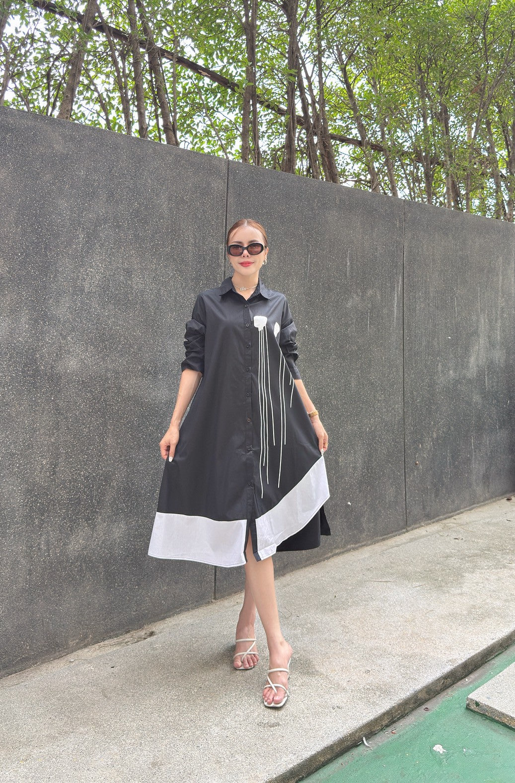 Modern Contrast Hem Button-Down Shirt Dress - Navvi.in