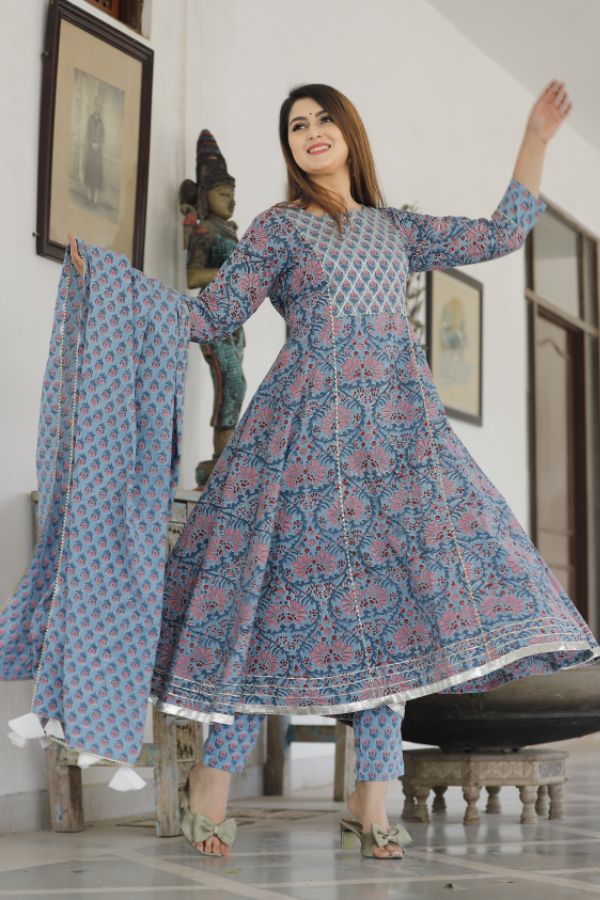 Dodge Blue Hand Block Printed Aanarkali Set