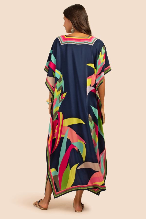 Navy Blue Printed Silk Kaftan Dress