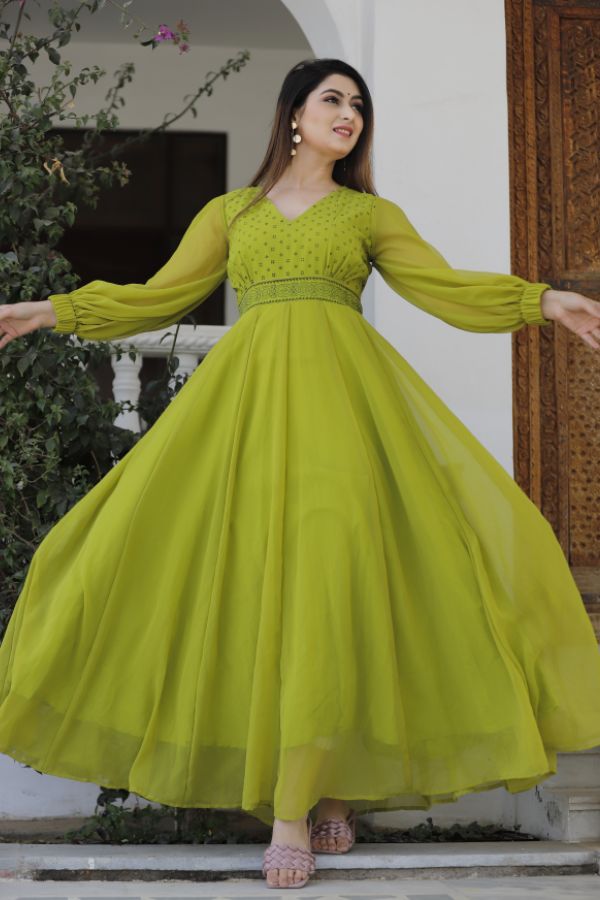 Green Hand Block Printed Anarkali Set