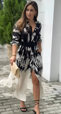 Black & White Abstract Printed Crepe Shirt Dress