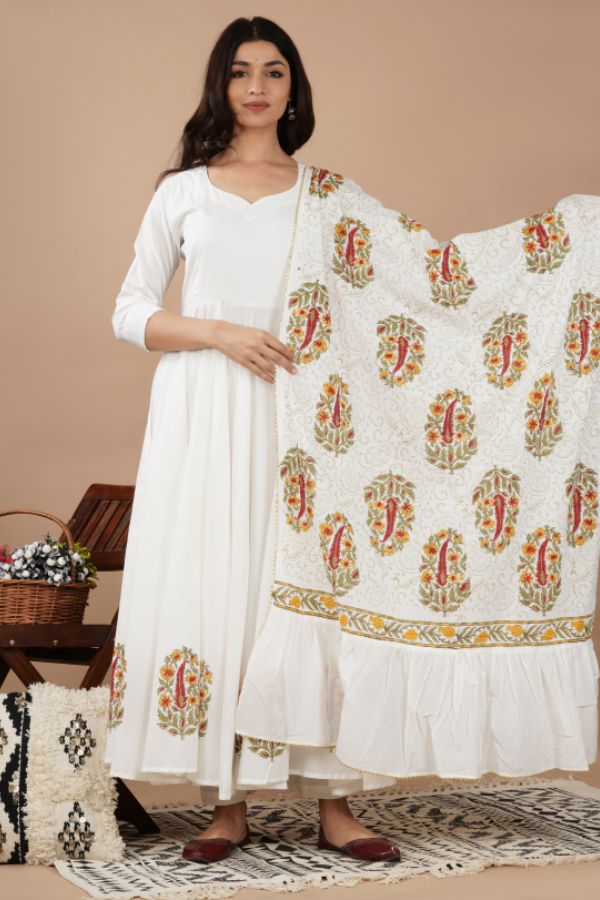 Off White Hand Block Anarkali Suit Set