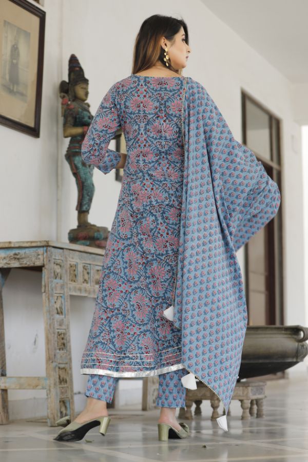 Dodge Blue Hand Block Printed Aanarkali Set