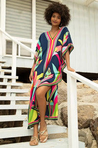 Navy Blue Printed Silk Kaftan Dress