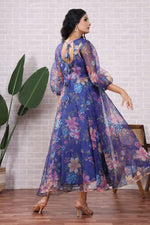 Organza Floral Printed Persian Blue Dress