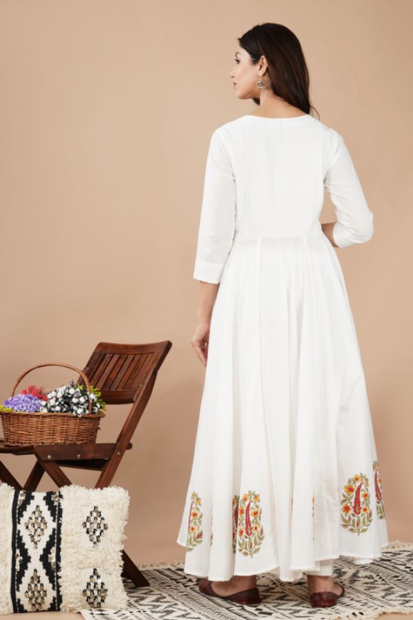 Off White Hand Block Anarkali Suit Set