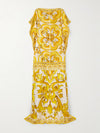 Yellow Printed Satin Silk Kaftan Maxi Dress