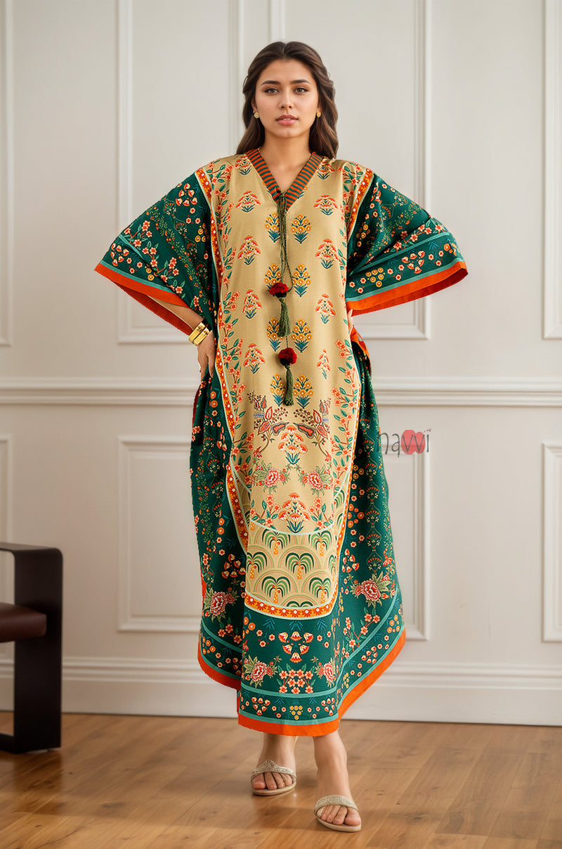 Emerald Beige Kaftan with Tassel