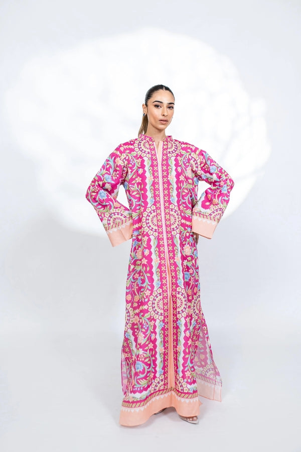 V Neck Pink Floral Printed Kaftan Dress