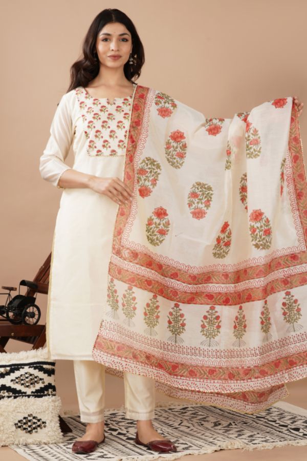 Cream Chanderi Printed Kurta Set