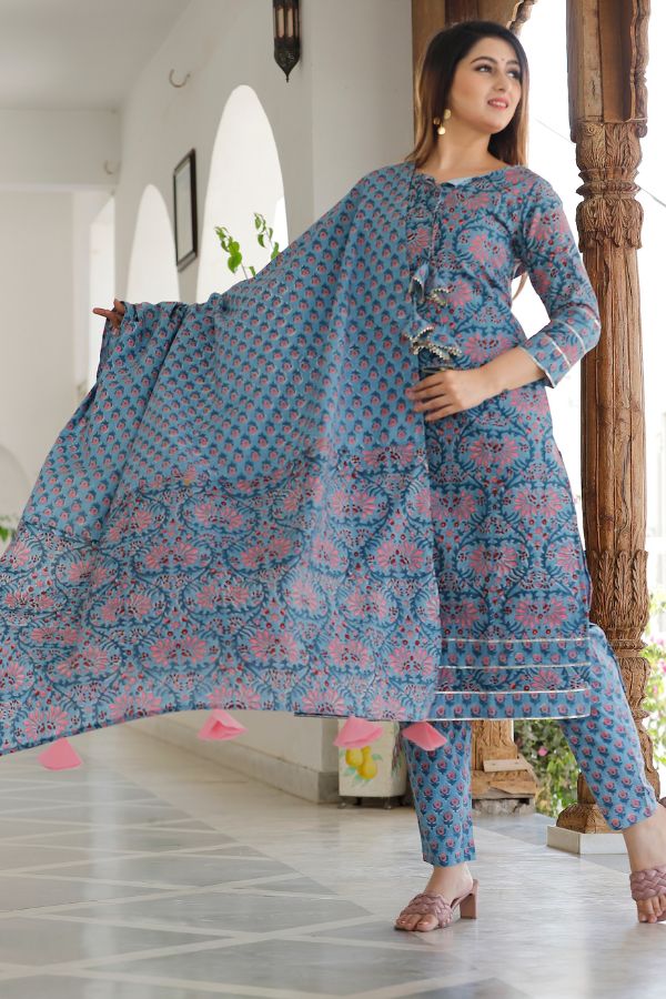 Dodge Blue Hand Block Printed Kurta Set