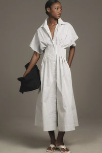 Front-Button Pleated Shirt Dress