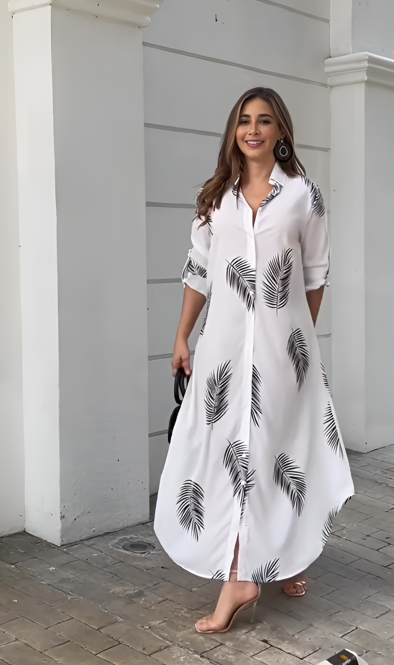 Leaf Printed Crepe Shirt Style Maxi Dress