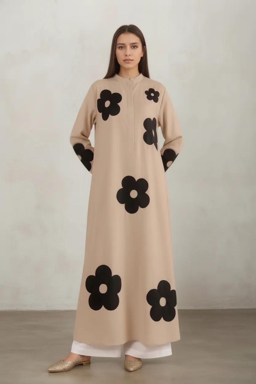 Beige Floral Printed Long Kurta