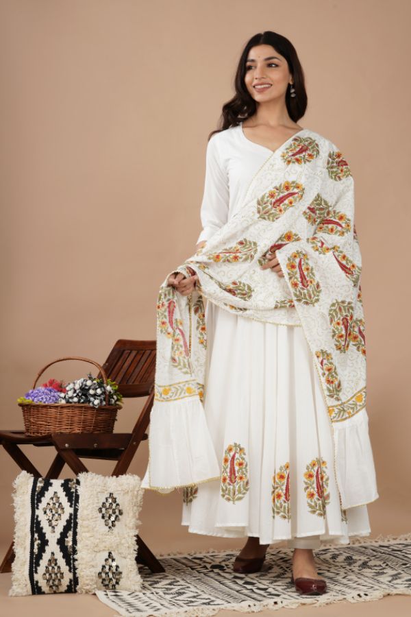 Off White Hand Block Anarkali Suit Set