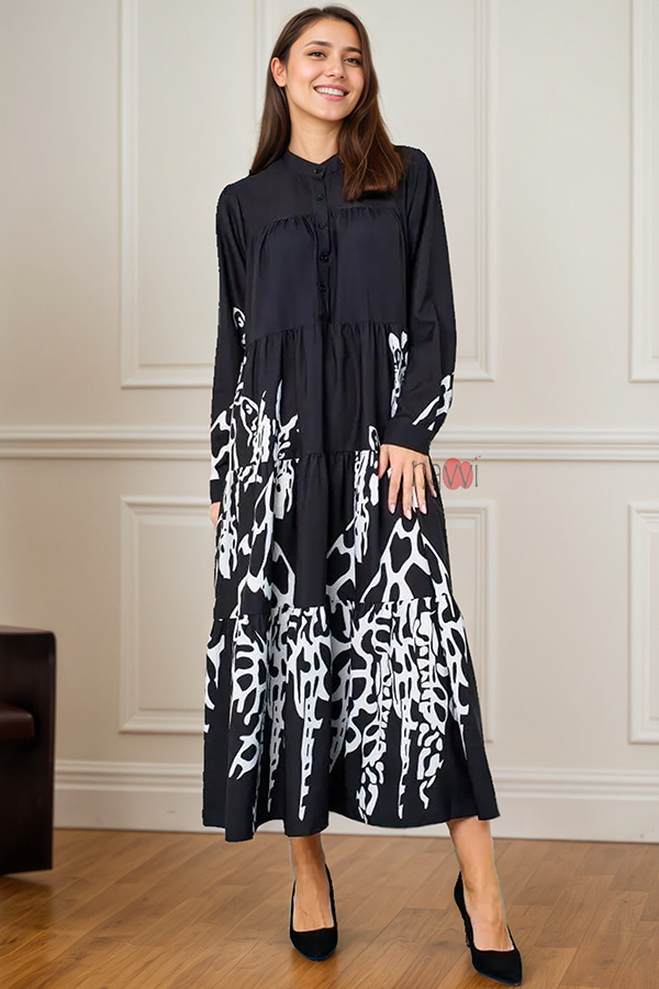 Flowy Monochrome Tiered Long Shirt Dress