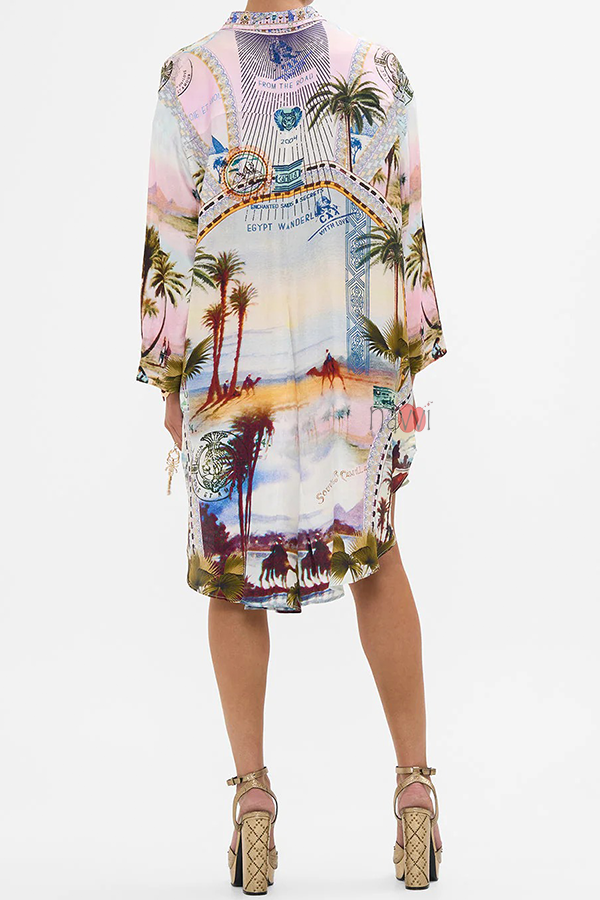 Resort Wear Palm Print Shirt Dress