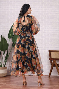 Organza Floral Printed Black Dress With Dupatta